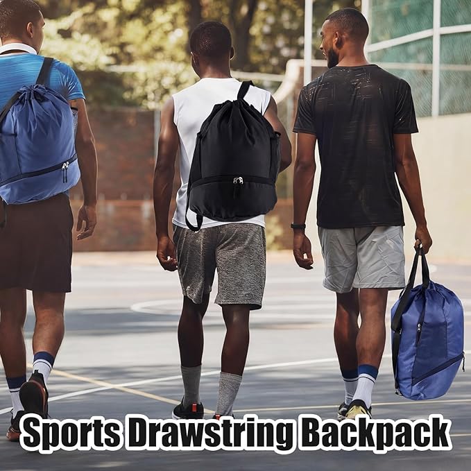 6 Pack Gym Drawstring Backpack Bags Bulk with Shoe Compartment for Sports Wet Proof Pocket for Men Women Large(Blue, Black)