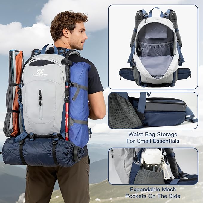 Farmer&Donkey Hiking Backpack, 40L Waterproof Camping Backpack with Packable Back Panel & Rain Cover, Men Women Rucking Backpacking Backpack Outdoor Sport Lightweight Travel Daypack for (Grey)