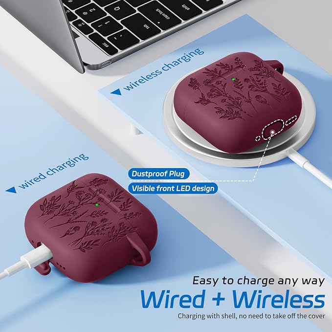 for Airpods 4 Case, Ekoonpft Flower Engraved Cases for Apple AirPods 4th Generation 2024, Soft Silicone Cover for Women Girly with 3-in-1 Cleaning Kit & Keychain, Anti-Scratch, Shockproof