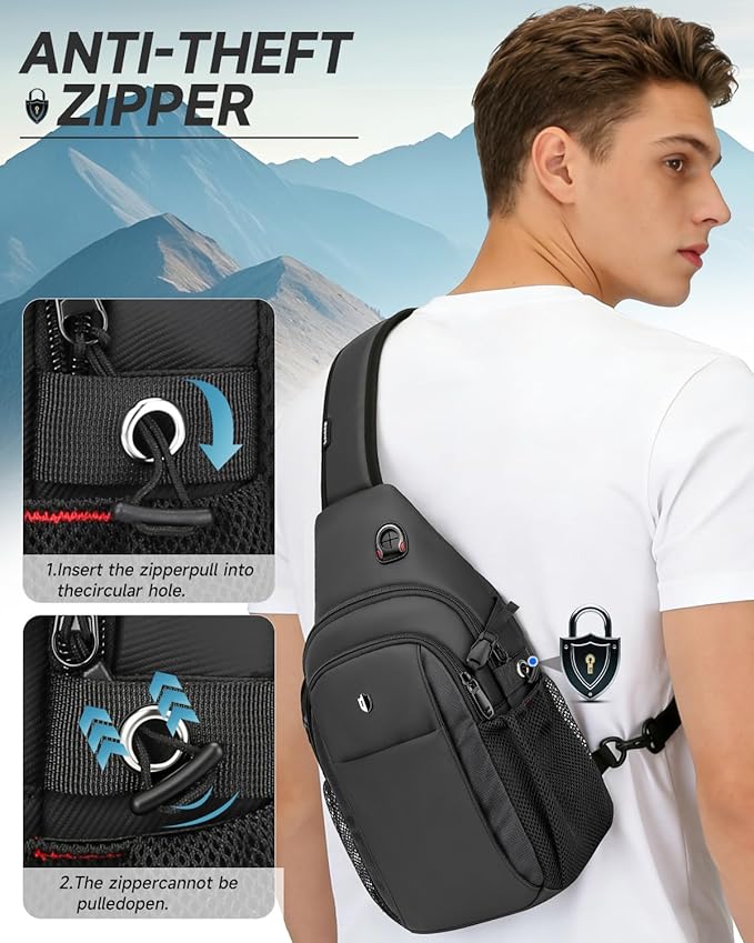 Anti-Theft Sling Bag for Men, Water Resistant lightweight Crossbody Backpack With Side Pocket, Built-in Audio Port, Reversible Strap, Travel Hiking Chest Pack Fits 11 inch iPad & Switch 2