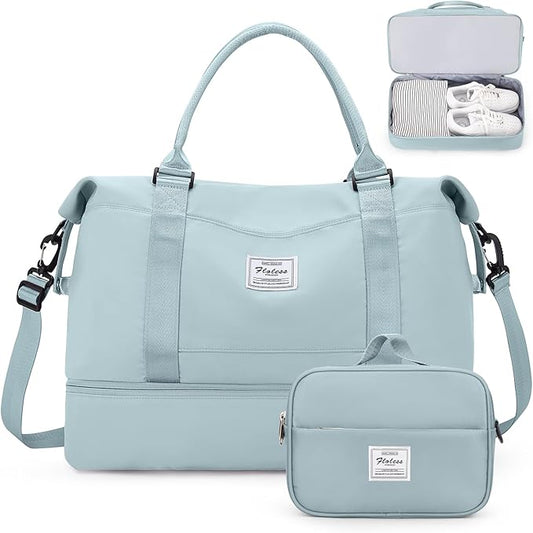 Weekender Bags for Women,Overnight Travel Duffel Bag with Shoes Compartment& Toiletry Bag,Extra Large(Light Blue)
