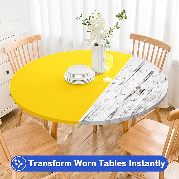 Wolkemer 2 Pack 5 Foot Yellow Fitted Tablecloth 60 Inch Round Elastic Edges Table Cloth, Spandex Stretch Table Cover with Machine Washable Fabric for Wedding Party Picnic Dining Indoor Outdoor