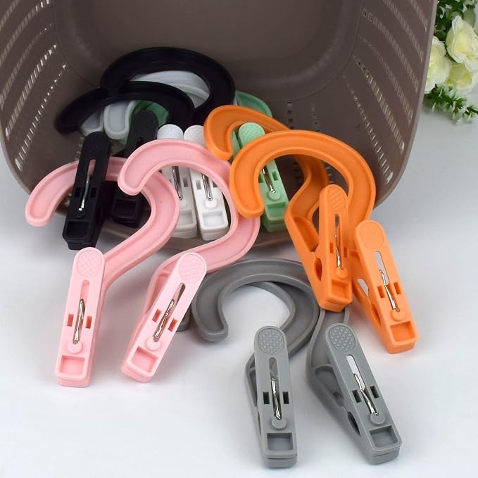 Laundry Hooks Boot Hangers Plastic Clothes Pins Hanger Clips for Bathroom Travel Portable (Multi-Color 12PCS)