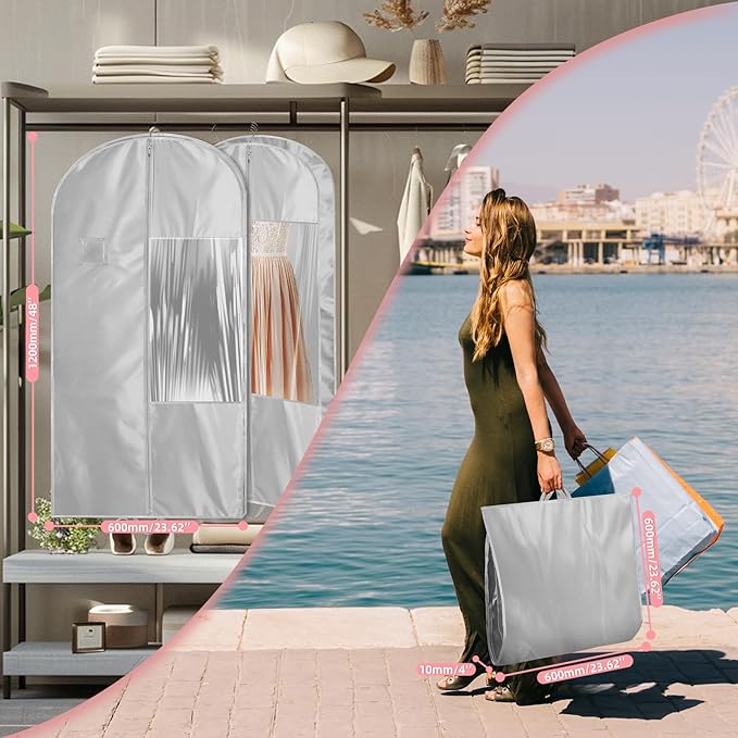 Garment Bags for Hanging Clothes and Travel with 4" Gusseted, Suit Cover for Clothes,Coats,Suit,Jackets,Dress,Shirts,Skirt.(Silvery-48"-2pcs-Satin Fabric)