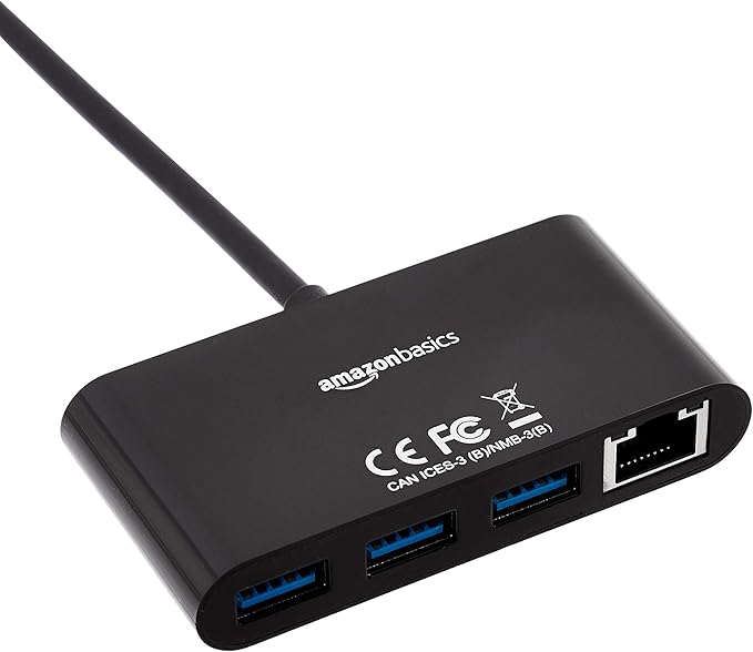 Amazon Basics 4-Port USB 3.0 Hub with 3 USB-A Ports & 1 RJ45 Gigabit Ethernet Port, High-Speed Network Adapter for Laptops, Black
