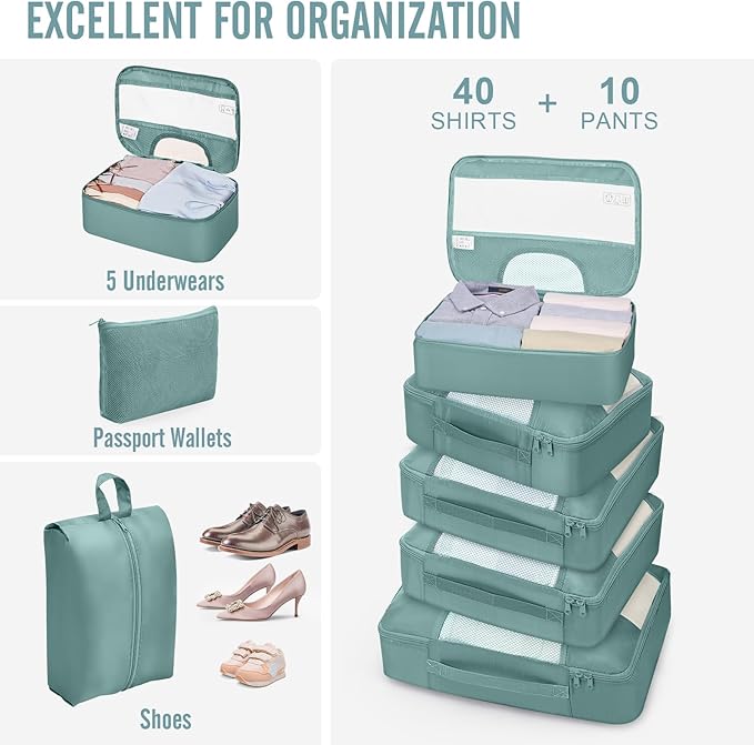 Veken 10 Set Packing Cubes for Travel Essentials,Anti-Wrinkle Buckled Suitcase Organizer for Shoe & Toiletry Bag,Carry On Luggage Bag for Airplane & College Dorm Room Accessories,Women Men Gifts