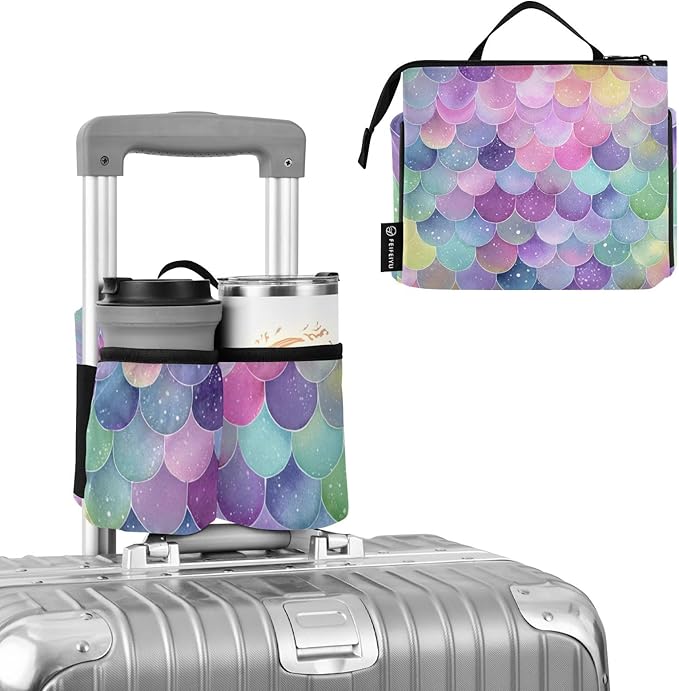 Luggage Cup Holder for Suitcases Free Hands Suitcase Cup Holder Travel Luggage Drink Holder Portable Luggage Cup Caddy Bag Carrier with Handle Watercolor Mermaid Scales Colors