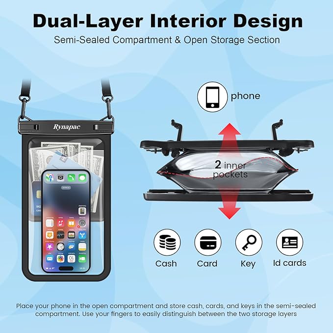Rynapac Large Waterproof Phone Pouch [Up to 10"] - 2 Pack IPX8 Waterproof Phone Case for iPhone 17 16 15 Pro Max Galaxy S26 Ultra, Touchscreen & Underwater Photography, Beach Cruise Essentials 2026