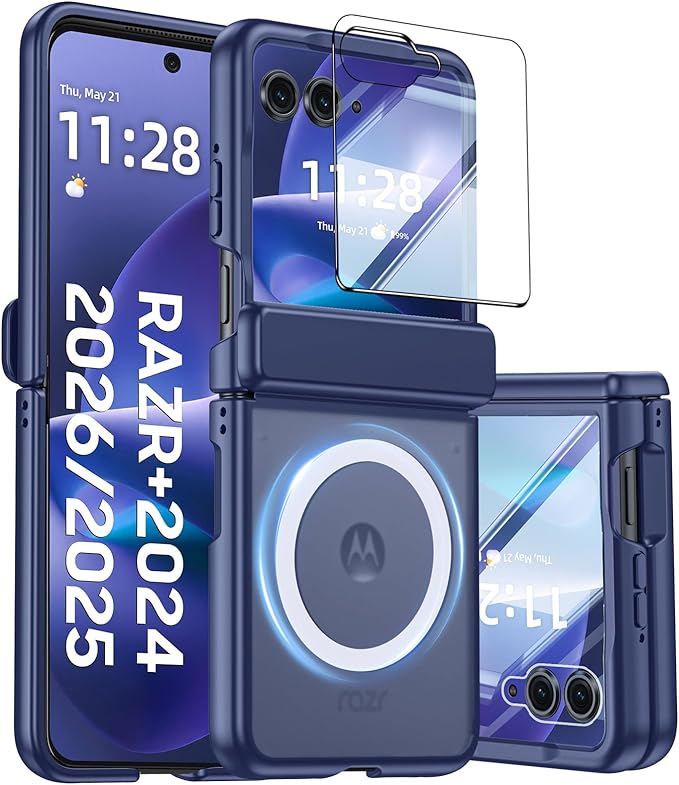 Magnetic for Motorola Razr+ Plus 2026,Razr+ 2025/2024 Case,Hinge Protection, Screen Protector, Compatible with MagSafe, Translucent Frosted, Shockproof Cover for Razr+ 2026/2025/2024-Blue