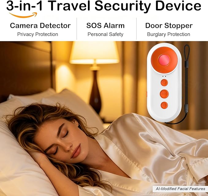 3-in-1 Travel Safety Alarm - Hotel Safety Devices with Hidden Camera Detector & Door Alarms When Opened & Self Defense Personal Safety Alarm, Portable Multifunctional Travel Safe Essentials