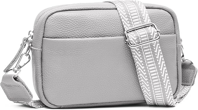 Small Crossbody Bags for Women Genuine Leather, Guitar Strap Shoulder Handbag Purse Camera Bag with Rfid Card Slots, grey