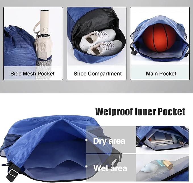 6 Pack Gym Drawstring Backpack Bags Bulk with Shoe Compartment for Sports Wet Proof Pocket for Men Women Large(Blue, Black)