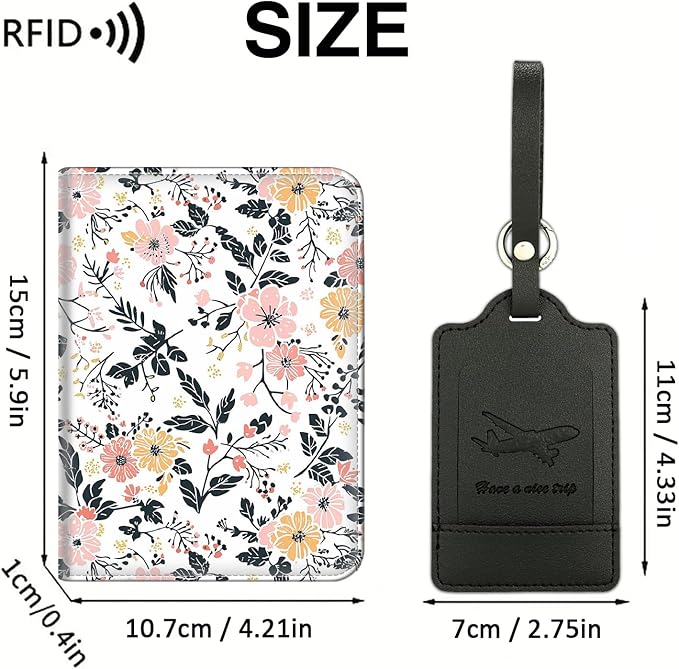 Passport Wallet, Passport Holder with RFID Blocking and Luggage Tag, Waterproof PU Leather Travel Documents Organizer Case, Passport Covers with Card Slot for Women & Men, Flower Pattern Passport Book
