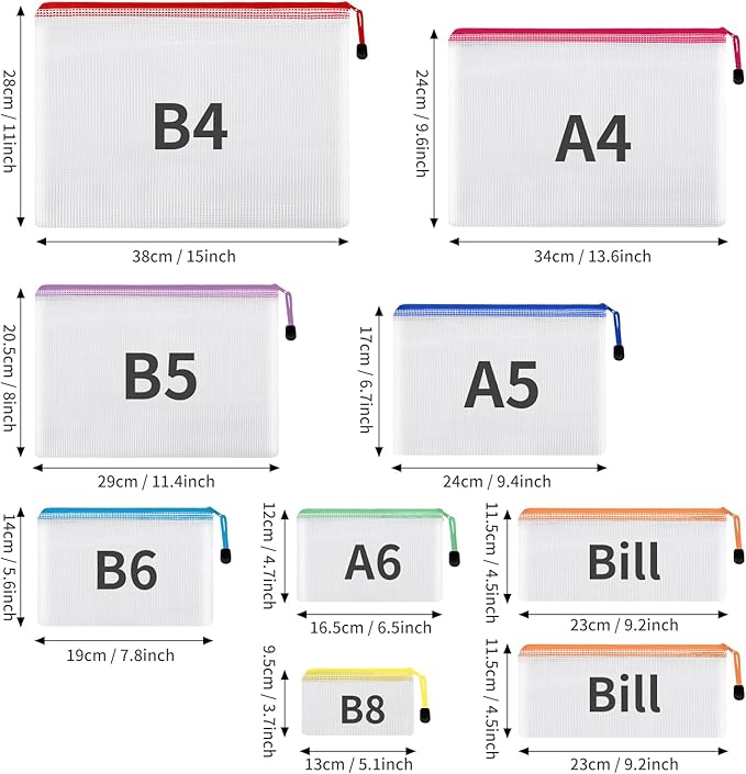 EOOUT 30pcs Mesh Zipper Pouch Bags, 8 Sizes Plastic Zipper Bags, 8 Colors Waterproof Zipper Pouches for Organization, Multipurpose for Travel, School Supplies, Office Appliances and Home Organization