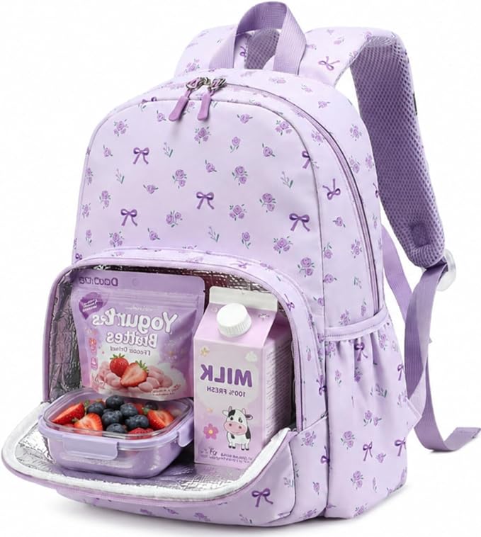 BTOOP Kids Backpack for Girls 4-6, Small Girls Backpack-Preschool Kindergarten School Bookbag with Insulated Lunch Compartment & Chest Strap for Girl (Purple-Bow, Age 3-6 (14.5" H Fit Folder))