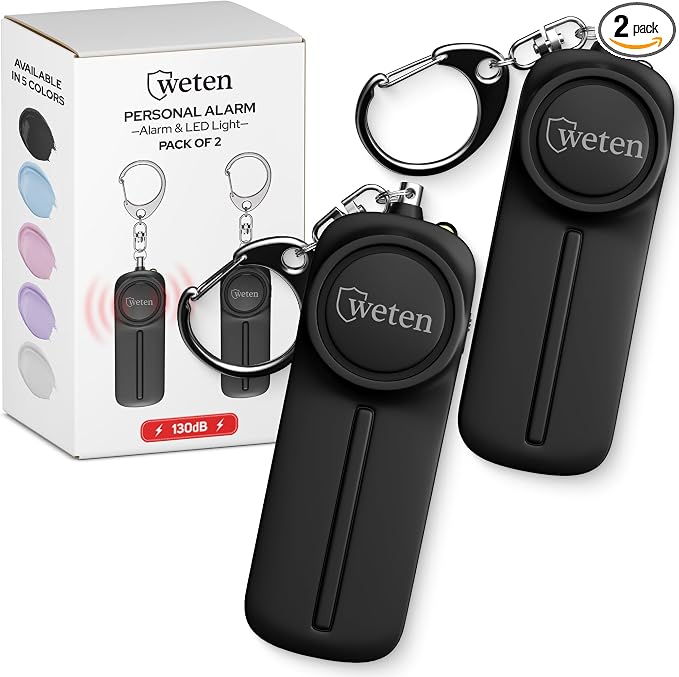 Weten Personal Safety Alarm Keychain - 2 Pack 130dB Siren, LED Light, Panic Pin – Compact Self-Defense Device and Emergency Whistle Alternative for Women, College, Travel, and Night Walk Protection