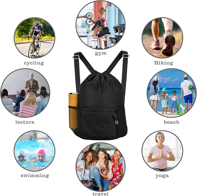 Waterproof Drawstring Bag, Lightweight String Backpack with Water Bottle Holder and Pockets, Gym Sports Cinch Sackpack (Black)