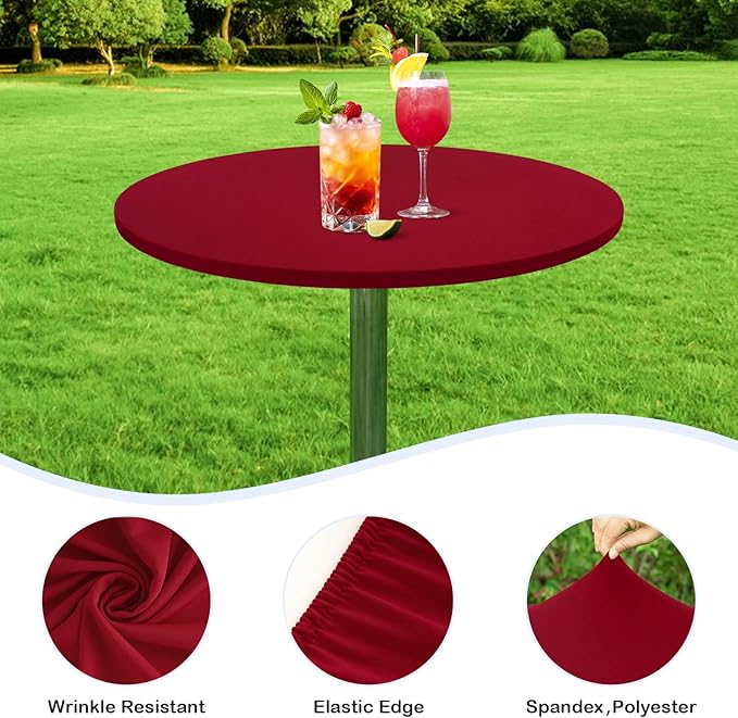 Wolkemer 2 Pack 3 Foot Burgundy Fitted Tablecloth 36 Inch Round Elastic Edges Table Cloth, Spandex Stretch Table Cover with Machine Washable Fabric for Wedding Party Picnic Dining Indoor Outdoor
