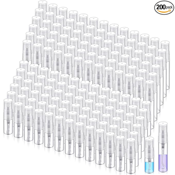 Zhehao 200 Pcs Mini Spray Bottles 2 ml, 5 ml Clear Glass Perfume Bottles Refillable Fine Mist Perfume Atomizer Portable Empty Sample Containers for Cleaning, Essential Oils, Travel (Clear Cap)