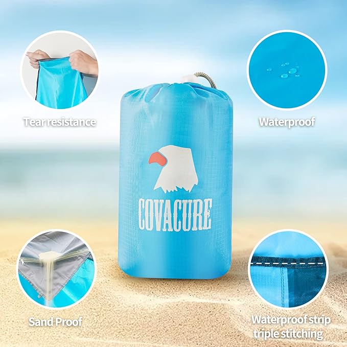 covacure Extra Large Beach Blanket Sandproof Waterproof - 108"x85" for 7-8 Adults, Oversized Portable Beach Mat with Zipper Pockets, Lightweight Durable Outdoor Accessories for Beach, Camping, Travel