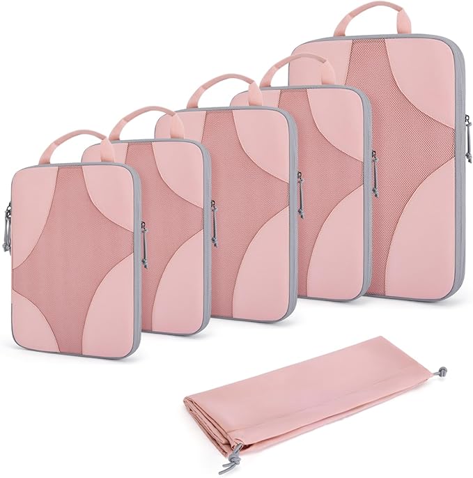 BAGSMART Compression Packing Cubes for Travel, 6 Set/14 Set Compressible Luggage Organizer for Cruise Ship, Lightweight Travel Essentials (1L+2M+2S+Shoe bag+Drawstring bag+Toiletry bag+6Plastic bags)