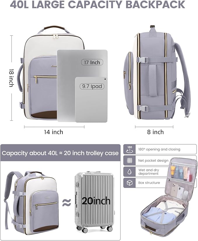 LOVEVOOK Large Travel Backpack for Women & Men, 40L Carry on Backpack for Airplanes, TSA Personal Item Travel Bag fits 17" Laptop, Waterproof Travel Essentials Airline Approved with 3 Packing Cubes