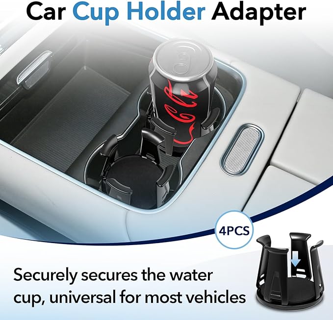 4PCS Car Cup Holder Insert, Self-Adhesive Expanding Cup Holder Inserts for Car, Automotive Black Cup Holder Adapter with Clamp Arms for Fixing Water Bottles and Drinks