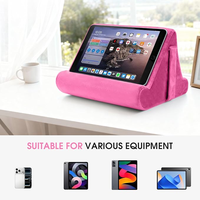 Universal Multi-Angle Tablet Holder - Soft Pad Stand with Net Pocket & Phone Stands for Lap, Knee, Sofa and Bed(Pink)