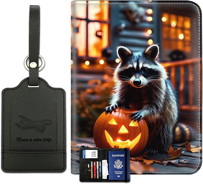 Passport Wallet, Passport Holder with RFID Blocking and Luggage Tag, Waterproof PU Leather Travel Documents Organizer Case, Passport Covers with Card Slot for Women & Men, A Raccoon and Pumpkin