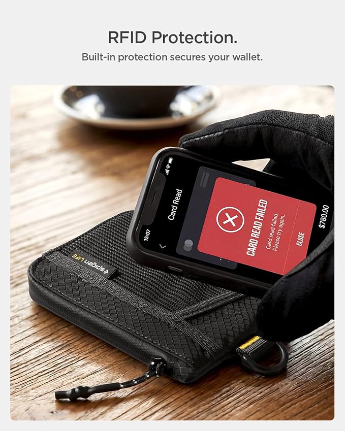 Spigen Life for Soft Material Card Wallet, RFID Blocking Slim EDC Wallet with Mesh Pocket, D-Ring Strap, Waterproof YKK Zipper, Lightweight Everyday Carry Card Holder - Black