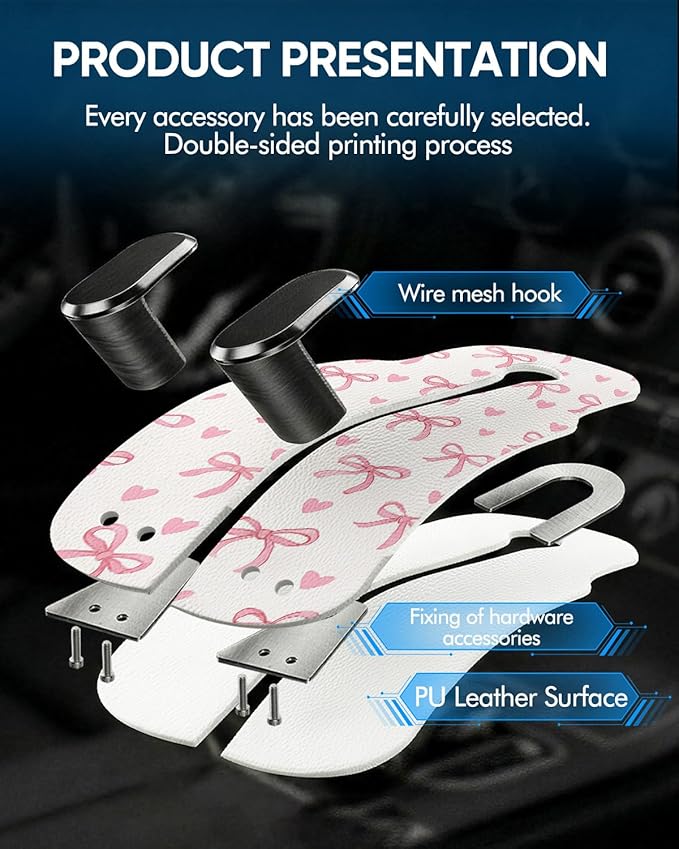 WOCOCN Purse Holder for Car, 2 Pack Heavy Duty Purse Hanger for Car, PU Leather Car Seat Hooks for Purses and Bags, Cute Pink Bow Headrest Organizer for Handbags & Backpacks