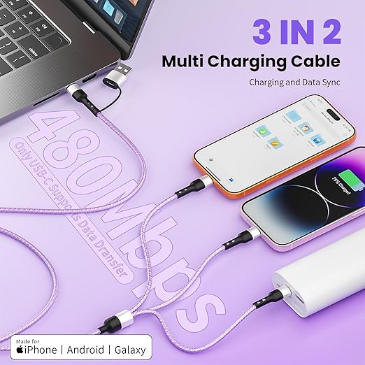 Travel Essentials, 3 in 2 Multi Charging Cable USB C Charger for iPhone 17, Multi Charger Cord with Type C/IP/Micro USB, Compatible for iPhone 17 to 11, Android, Galaxy, iPad, Data Sync, 5 FT