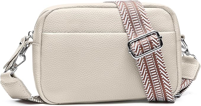 Small Crossbody Bags for Women Genuine Leather, Guitar Strap Shoulder Handbag Purse Camera Bag with Rfid Card Slots, Beige
