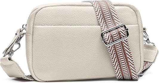 Small Crossbody Bags for Women Genuine Leather, Guitar Strap Shoulder Handbag Purse Camera Bag with Rfid Card Slots, Beige