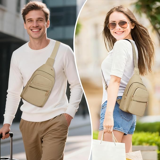 Small RFID Waterproof Sling Bag Travel Crossbody Bags for Women Men, Hands Free Lightweight Sling Backpack Chest Pack Daypack for Outdoors Hiking Traveling Fitness Commuting Cycling Khaki