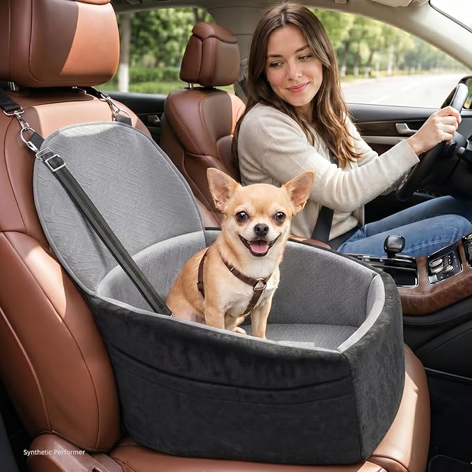 NUPIDA Dog Booster Car Seat with Extend Backrest for Small Medium Pet, Grey | Easy Install, Up to 30 lbs, Washable Removable Cover with zippper, Non-Slip Bottom, Large Storage Pockets, 2 Safety Leashes