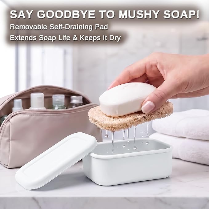 HighHerz Leak Proof Silicone Travel Soap Case with Draining Tray - Bar Soap Holder for Travel, Gym & Camping - Mess-Free Portable Soap Container for Carry-on Bags (White)