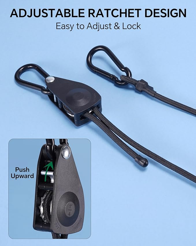 60" Heavy Duty Adjustable Carabiner Bungee Cord with Hooks, Easy to Adjust from 7" to 60", Black Ratchet Bungee Straps with Iron Carabiners & Superior Elasticity for Cargo, Luggage, Carts, etc (4 Pcs)