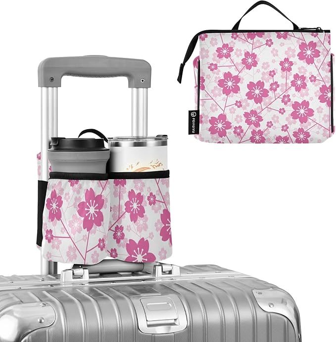Luggage Cup Holder for Suitcases Free Hands Suitcase Cup Holder Travel Luggage Drink Holder Portable Luggage Cup Caddy Bag Carrier with Handle Cherry Blossom Floral Pink
