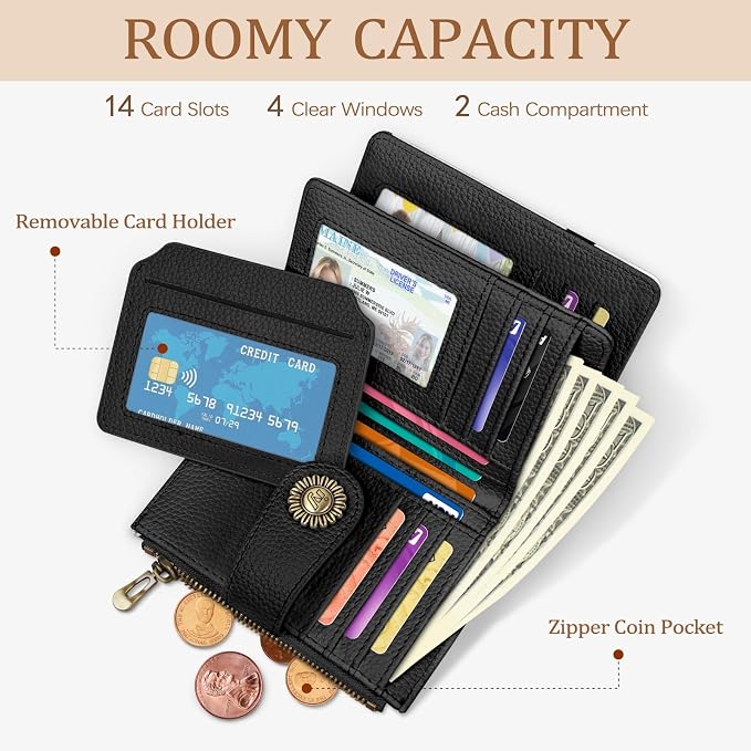 Icycay Cow Black Wallet Women Small RFID Blocking Bifold, Credit Card Holder, Zipper Coin Pocket, PU Leather, Compact, Travel, 4 ID Window, 14 Card Slots, Cash Purse, Ladies Woman Female Girls