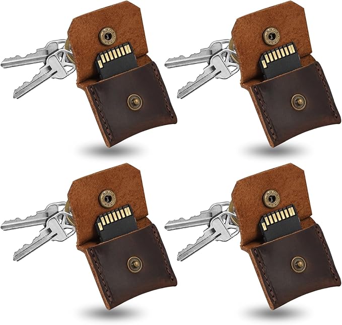 Jack&Chris Genuine Leather SD Card Holder Keychain, Anti-Shock Anti-Dust SD Card Case, Portable Camera Accessories for SD CF CFexpress Micro SD Nano SIM and Micro SIM Cards, Red Brown 4 Packs