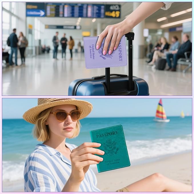 Passport Holder for Travel, 2 PCS Passport Holder, Travel Passport Holders Must Haves for Women Men, Passport Cover Passport Wallet Case Holders for Travels Cruise Ship Essentials, Purple & Lake Blue