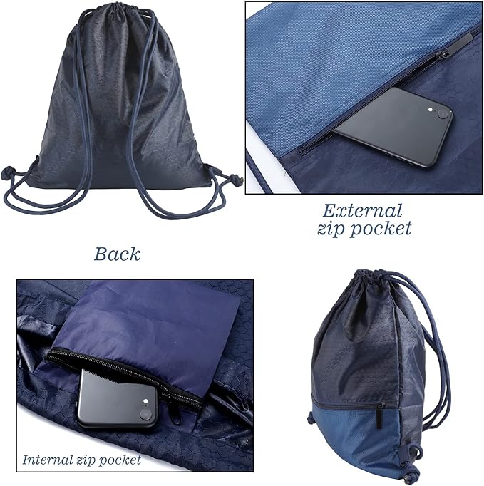 Drawstring Backpack Bag, Waterproof Draw String Back Sack with Zip Pocket, Gym Drawstring Bags Swim Bag for Men Women