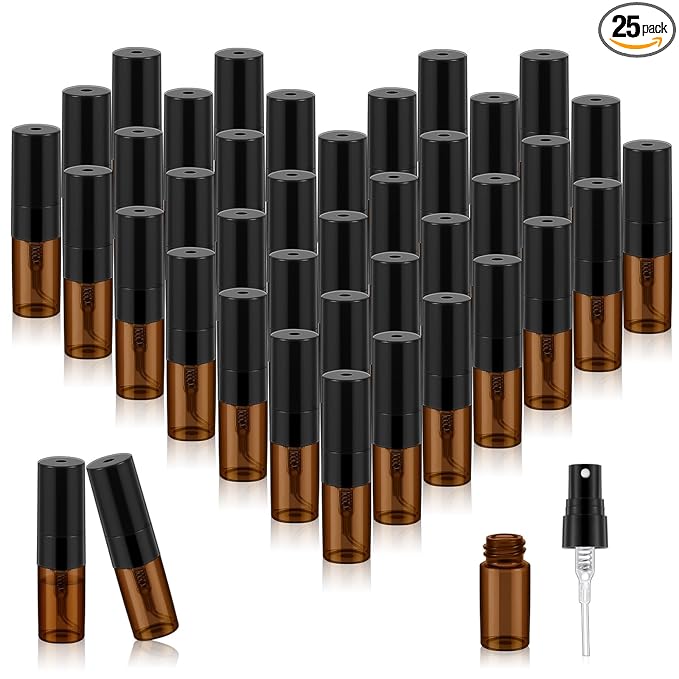 Zhehao 25 Pcs Mini Spray Bottles 2 ml Clear Glass Perfume Bottles Refillable Fine Mist Perfume Atomizer Portable Empty Sample Containers for Cleaning, Essential Oils, Travel (Amber)