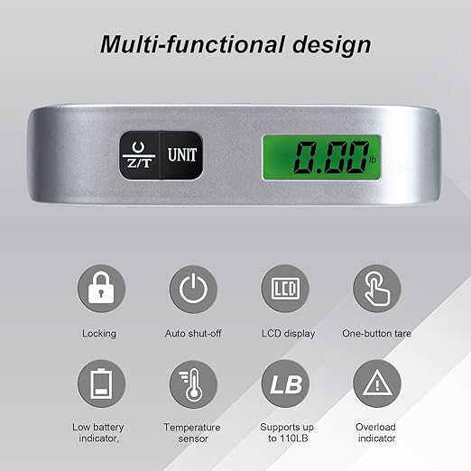 2 Colors Travel Digital Luggage Scale - Portable Baggage Scale - Suitcases Weight Scales - Ideal for Travel Scale Luggage Weight - 110LB/50KG, Includes Battery - Temperature Display Hanging Scales