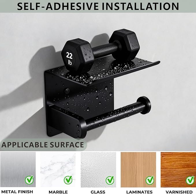 Toilet Paper Holder with Shelf, Heavy-Duty Stainless Steel Bathroom Hardware, Self-Adhesive No-Drill/Drill-Mount Wall-Mounted Roll Holder, Rust-Proof Bathroom Tissue Rack (Black)