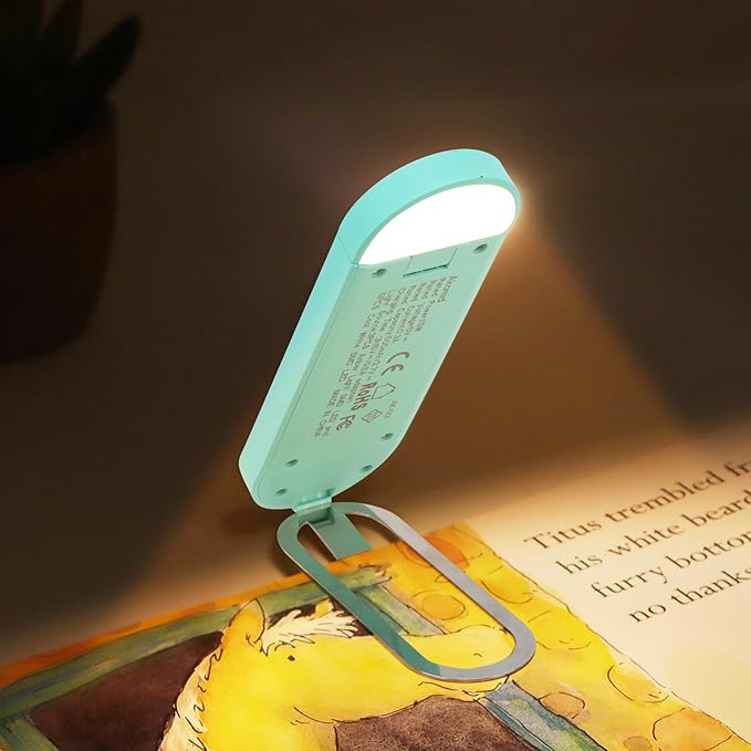 Akomid USB Rechargeable Book Light for Reading in Bed, 8 LEDs Bookmark Style Clip on, Eye-Cared Amber Light Mode for Kids, Blue Light Blocking, Stepless Dimming, Lake Blue