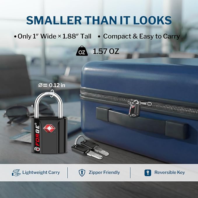 Forge Small Size TSA Approved Luggage Locks. Key Locks for Travel. Ultra Secure Dimple Key Travel Locks Alloy Body Luggage Locks. 4 Color Pack.