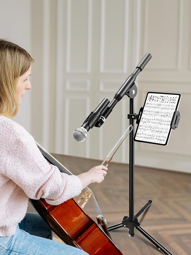 elitehood Aluminum Dual Ball Head Tablet Holder for Mic Stand, Adjustable iPad Mic Stand Holder, Strong Metal iPad Clamp Mount for Aircraft Yoke, Loader, Tractor, Boat, Wheelchair, Stroller, Treadmill