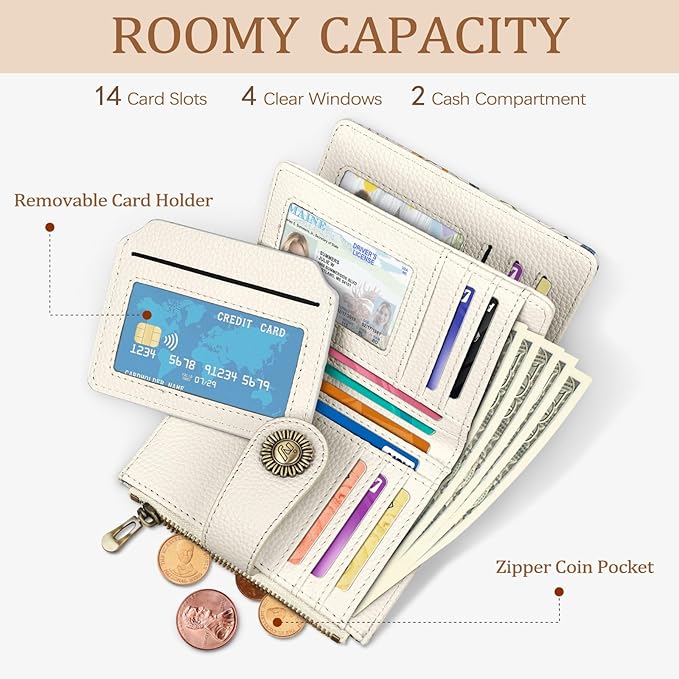 Icycay Floral Flowers Small Wallet Women RFID Blocking Bifold, Credit Card Holder, Zipper Coin Pocket, PU Leather, Compact, Travel, 4 ID Window, 14 Card Slots, Cash Purse, Ladies Woman Female Girls